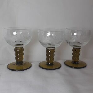 Set of 3 Mini Goblets Olive Stems Clear Glass with Leaf and Grape Frosted Design
